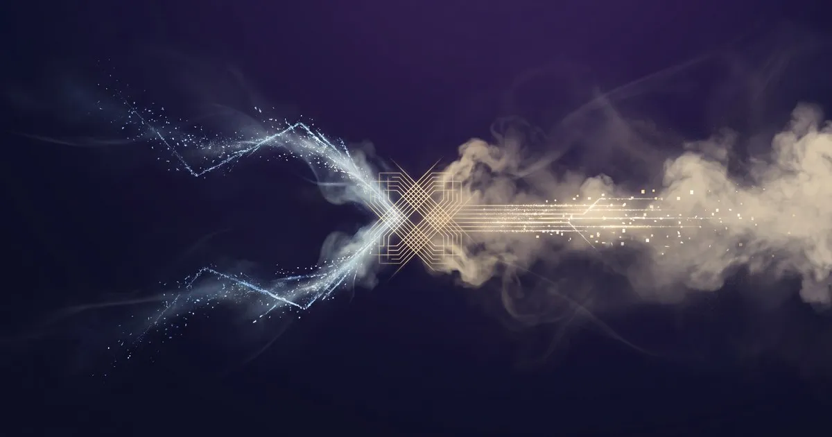 Abstract editorial illustration of two colliding trails of light and haze meeting at a small structural lattice on a midnight gradient, symbolizing offensive and defensive autonomous systems in confrontation.