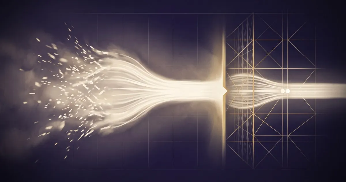 Abstract editorial illustration of a luminous data current flowing through hardened filtering structures into ordered equilibrium, symbolizing AI automation secured by design.